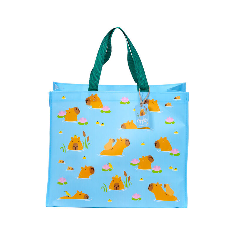 Bolsa shopping azul PUCKATOR con estampado de capibaras y nenúfares