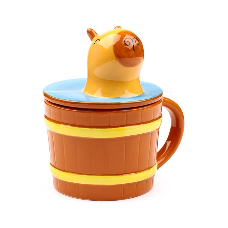 Taza de cerámica PUCKATOR con tapa azul y figura de capibara
