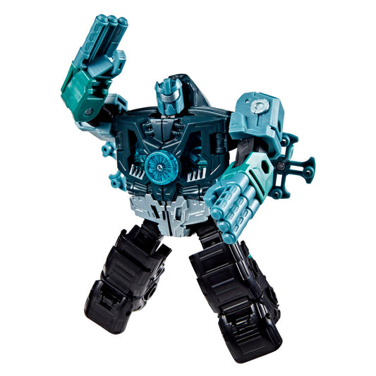 Figura articulada Transformers Micronus Prime en tonos turquesa, negro y plateado
