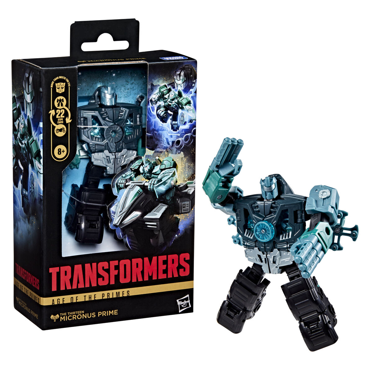 Figura articulada Transformers Micronus Prime en tonos turquesa, negro y plateado - 4
