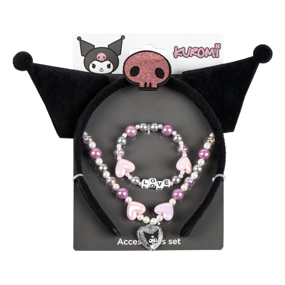 Set de bisutería Kuromi Hello Kitty con diadema negra y accesorios rosas
