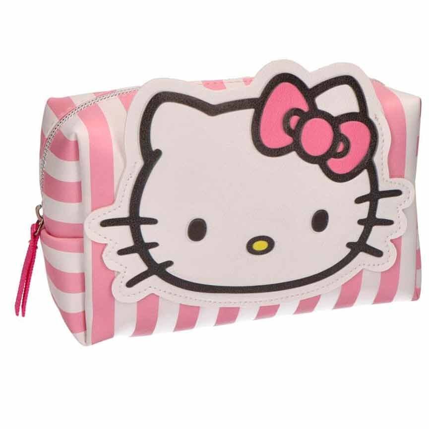Neceser Hello Kitty rosa y blanco con rostro frontal y estampado de rayas