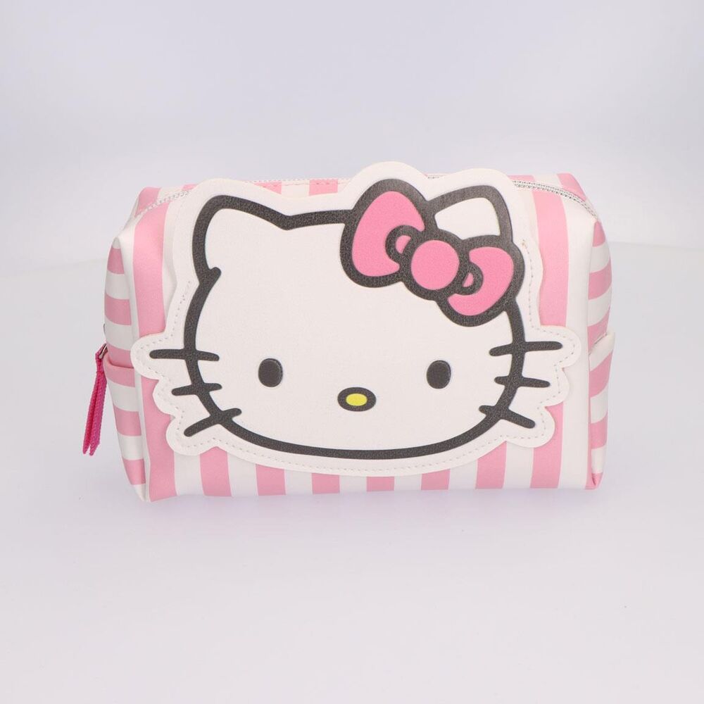 Neceser Hello Kitty rosa y blanco con rostro frontal y estampado de rayas - 2