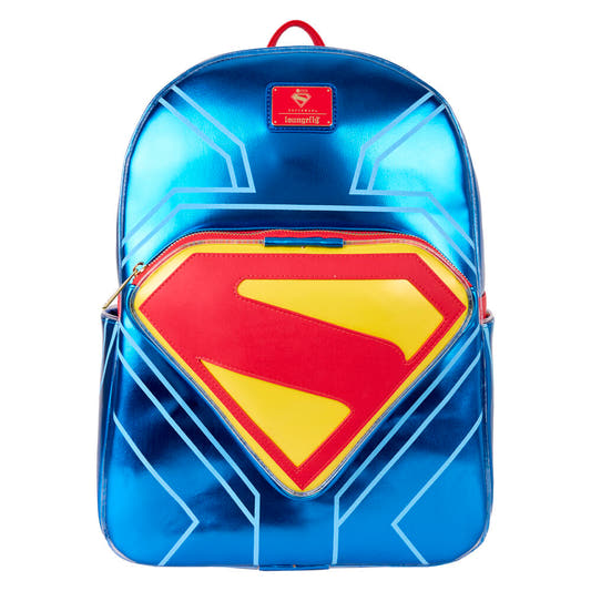 Mochila azul metalizada de Superman DC Comics Loungefly con emblema frontal