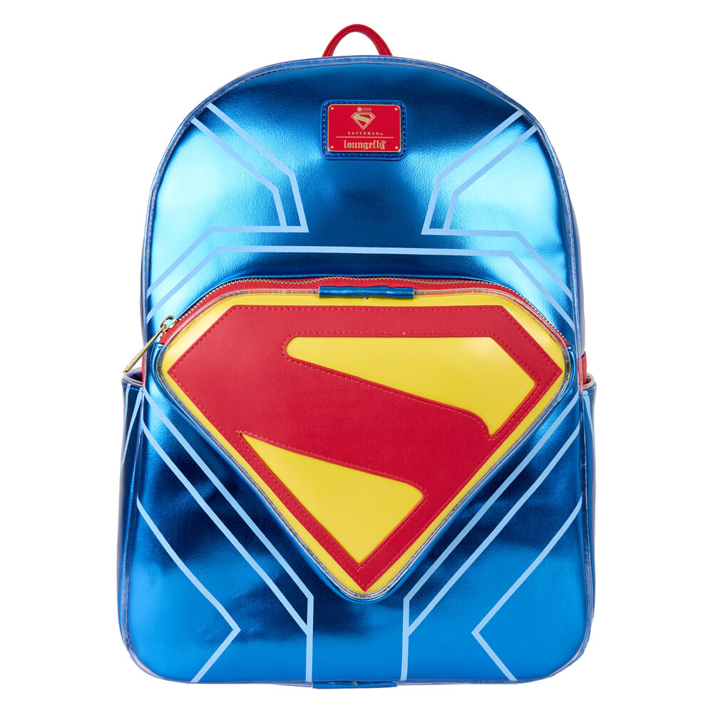 Mochila azul metalizada de Superman DC Comics Loungefly con emblema frontal