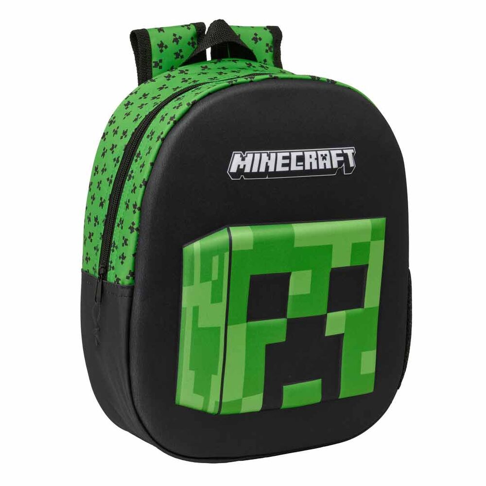 Mochila 3D Minecraft negra y verde con diseño pixelado