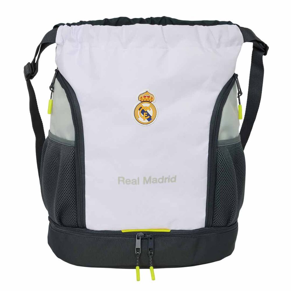 Saco mochila Real Madrid SAFTA blanco y negro con bolsillos laterales