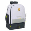 Mochila Real Madrid 25/26 SAFTA blanca y negra con compartimento inferior