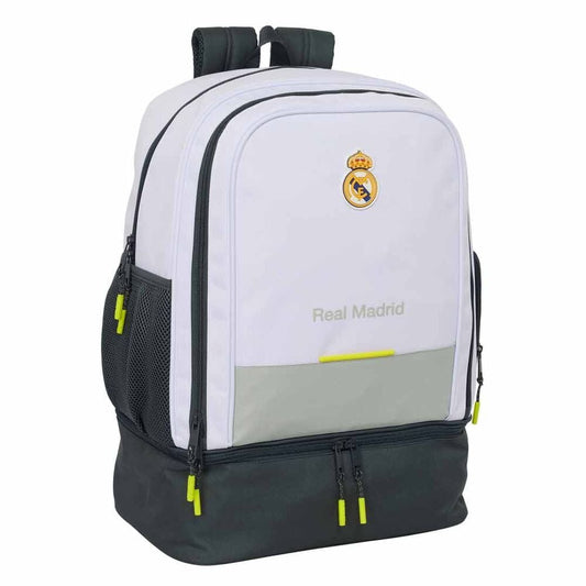 Mochila Real Madrid 25/26 SAFTA blanca y negra con compartimento inferior