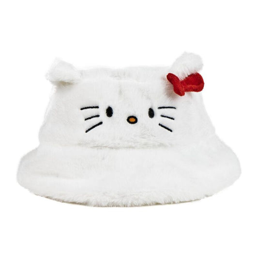 Gorro pescador de pelo blanco con diseño de Hello Kitty y lazo rojo