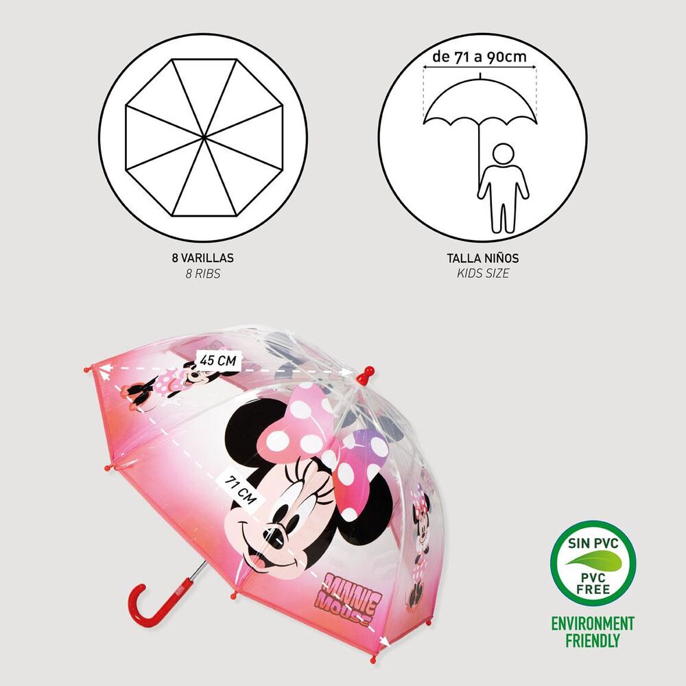 Paraguas burbuja transparente y rosa de Minnie Disney con mango rojo - 3