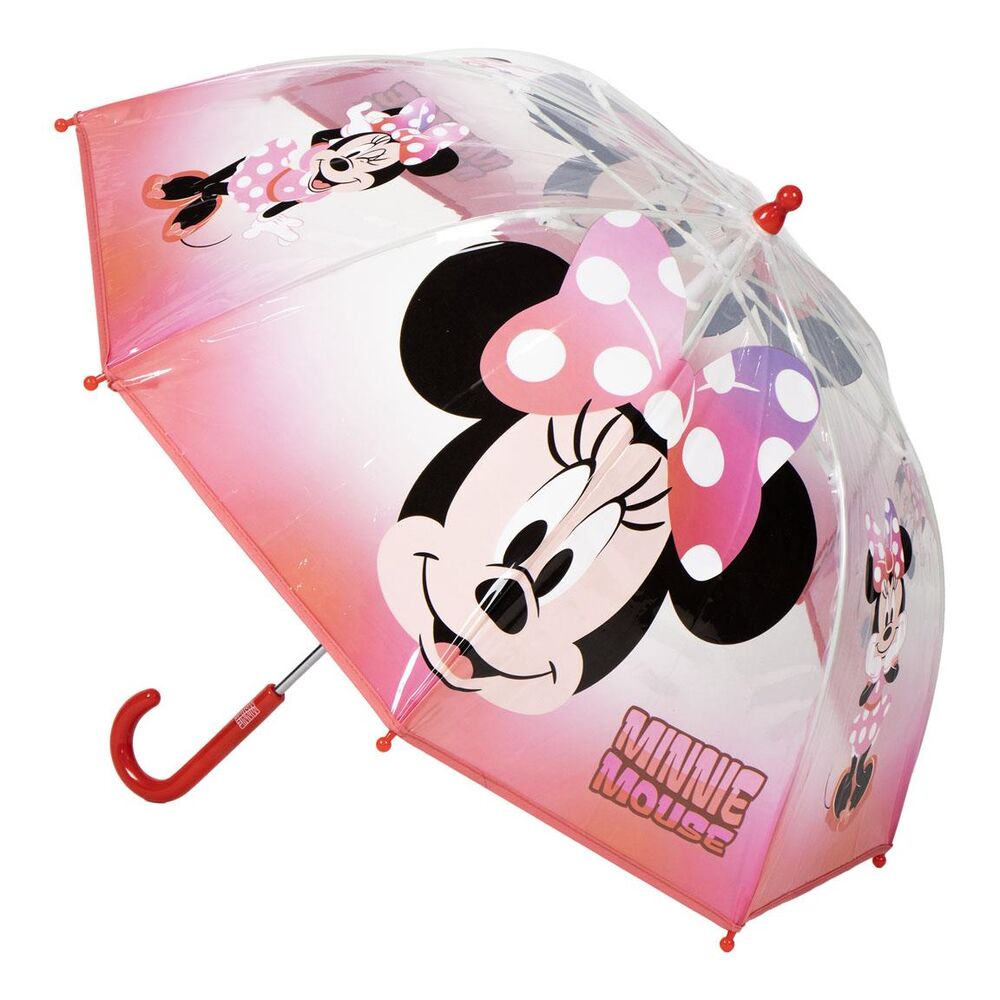 Paraguas burbuja transparente y rosa de Minnie Disney con mango rojo