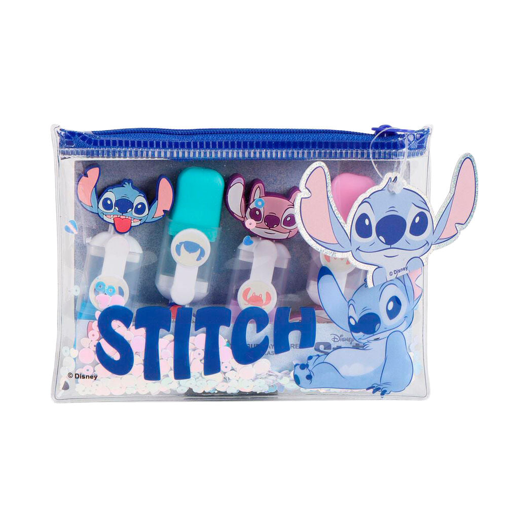 Estuche transparente con cuatro subrayadores Stitch Disney