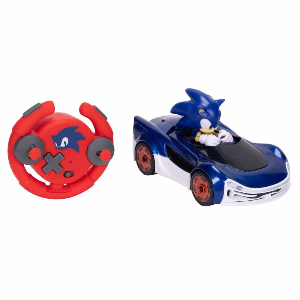 Vehículo teledirigido azul de Sonic con mando rojo