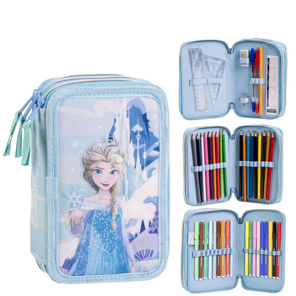 Plumier triple Frozen Disney azul con Elsa y material escolar