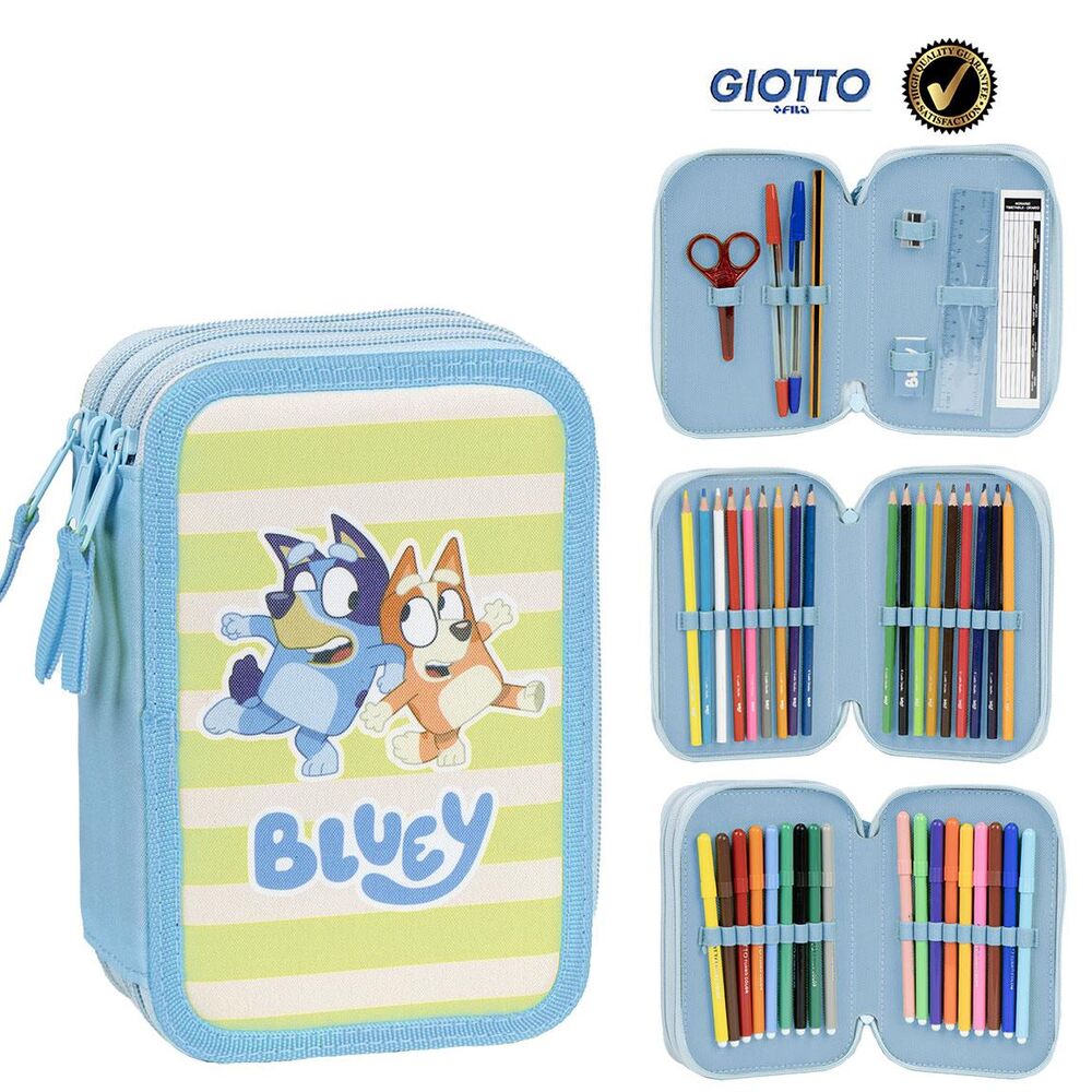 Plumier triple azul de Bluey con tres compartimentos