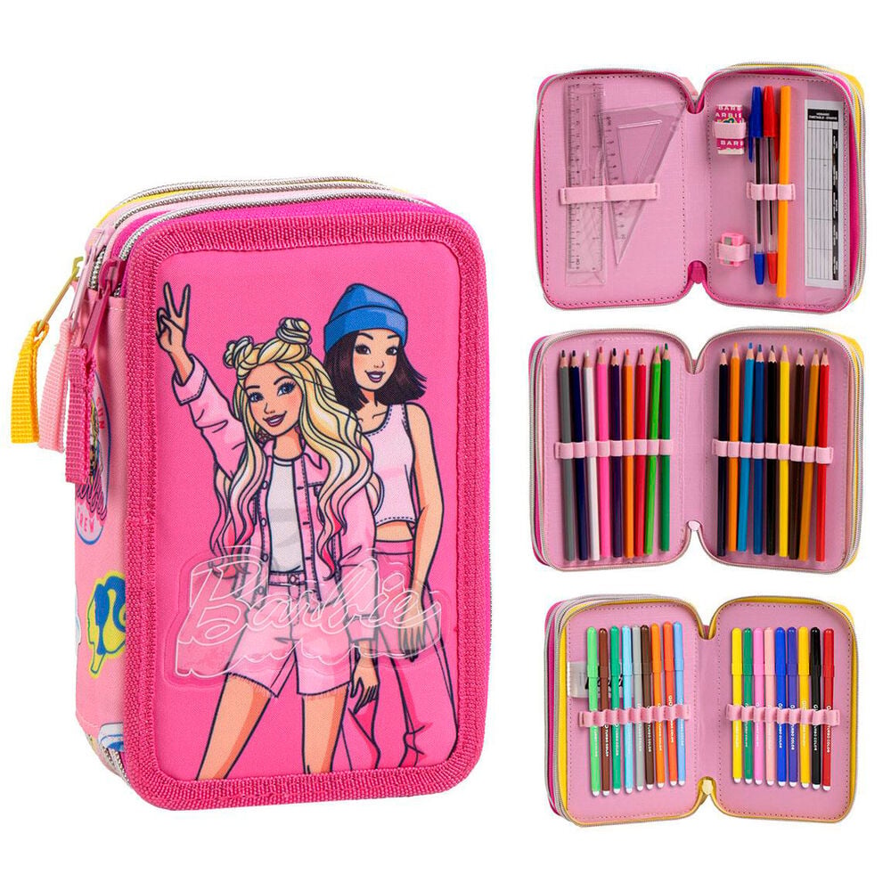 Plumier triple Barbie CERDÁ rosa con material escolar
