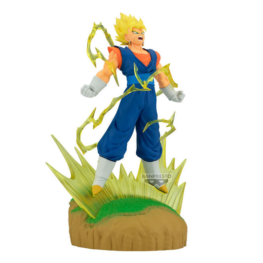 Figura de Vegito de Dragon Ball Z con efecto de energía amarilla sobre una base escénica