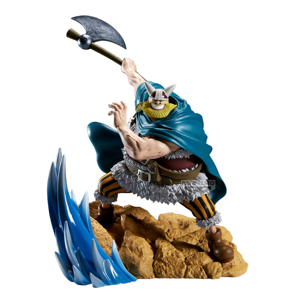 Figura de Brogy de One Piece con hacha sobre una base rocosa
