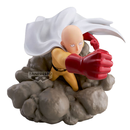 Figura de Saitama de One Punch Man con puño extendido sobre una base de rocas