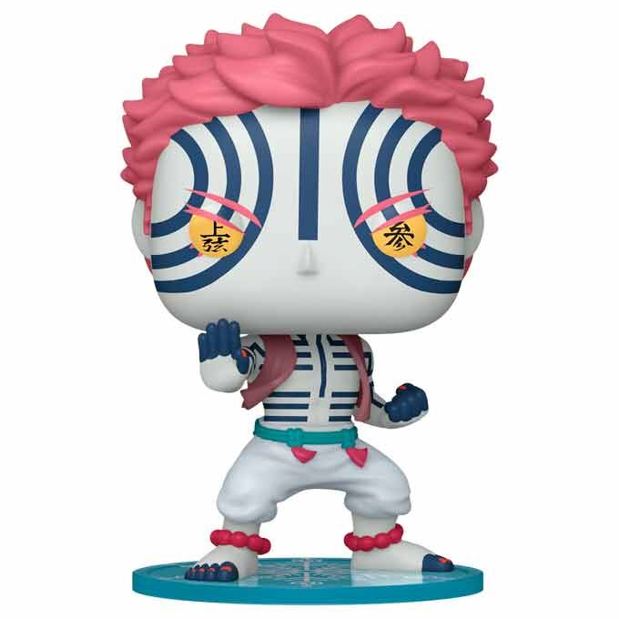 Figura Funko POP! de Akaza de Demon Slayer sobre base turquesa
