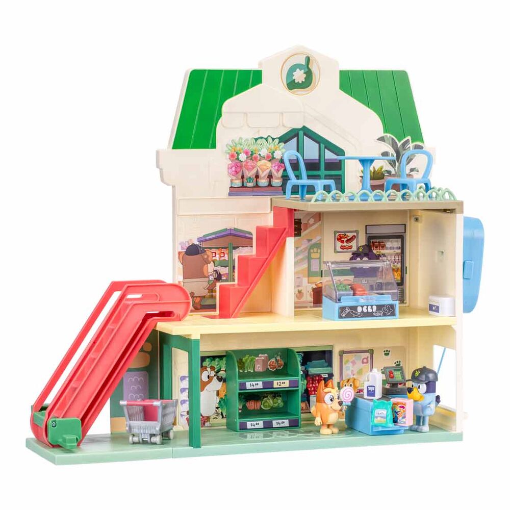 Supermercado de juguete Bluey con figuras, escalera y tobogán