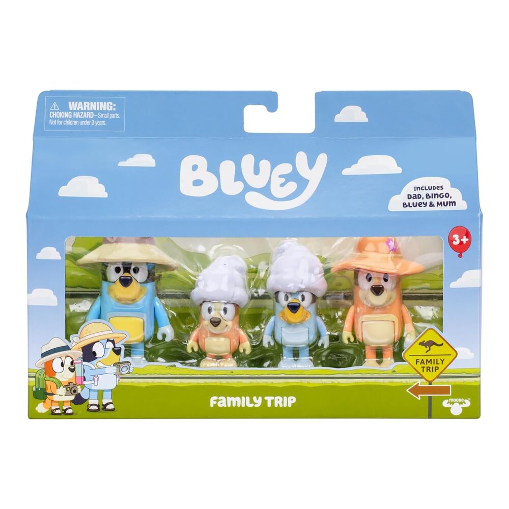 Blíster con cuatro figuras Bluey: Bluey, Bingo, Mamá y Papá