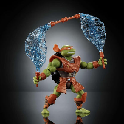Figura articulada de Michelangelo Turtles of Grayskull con nunchakus de energía