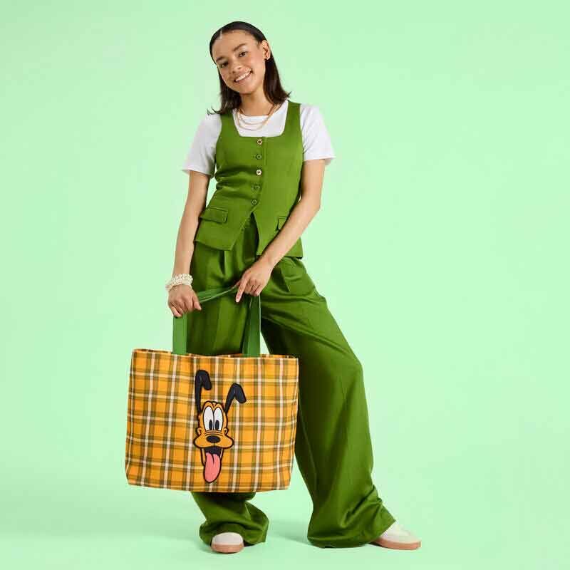 Bolsa shopping LoungeFLY de Pluto Disney con cuadros naranjas y asas verdes - 4