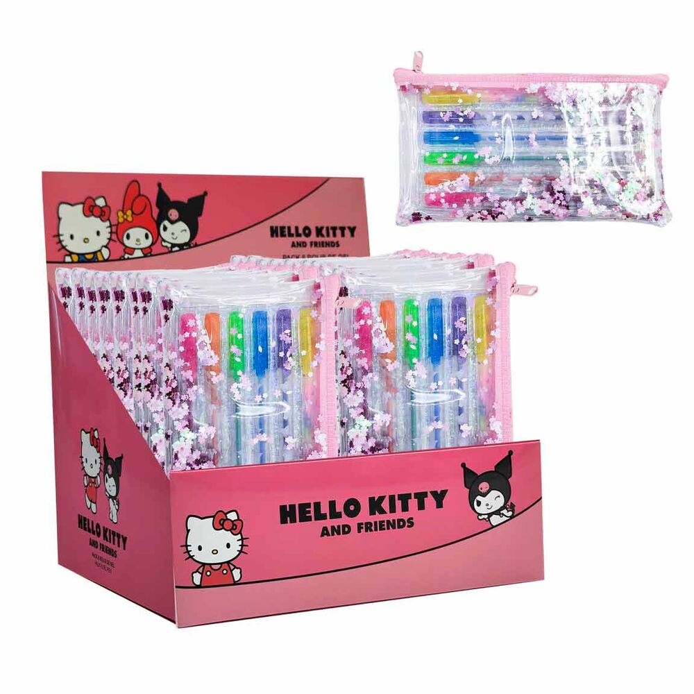 Blíster de seis bolígrafos de gel Hello Kitty con diseños florales