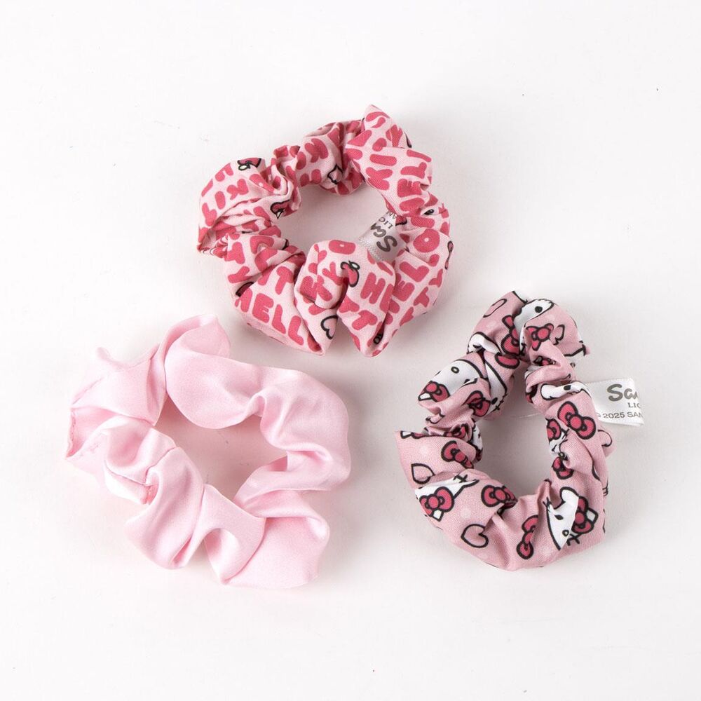 Set de tres coleteros rosas de tela Hello Kitty en blister - 2