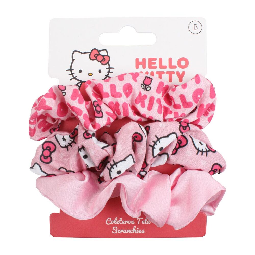 Set de tres coleteros rosas de tela Hello Kitty en blister