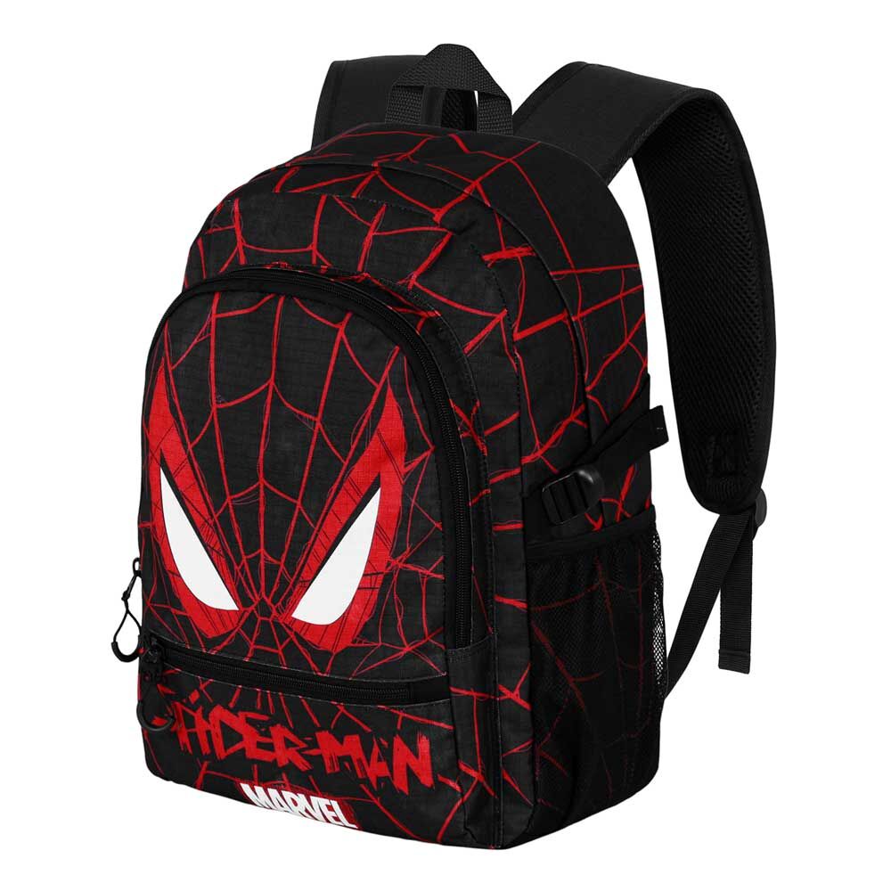 Mochila negra de Spider-Man Marvel con telarañas rojas y bolsillos exteriores
