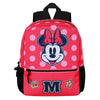 Mochila roja y rosa de Minnie Disney con lunares y bolsillo frontal