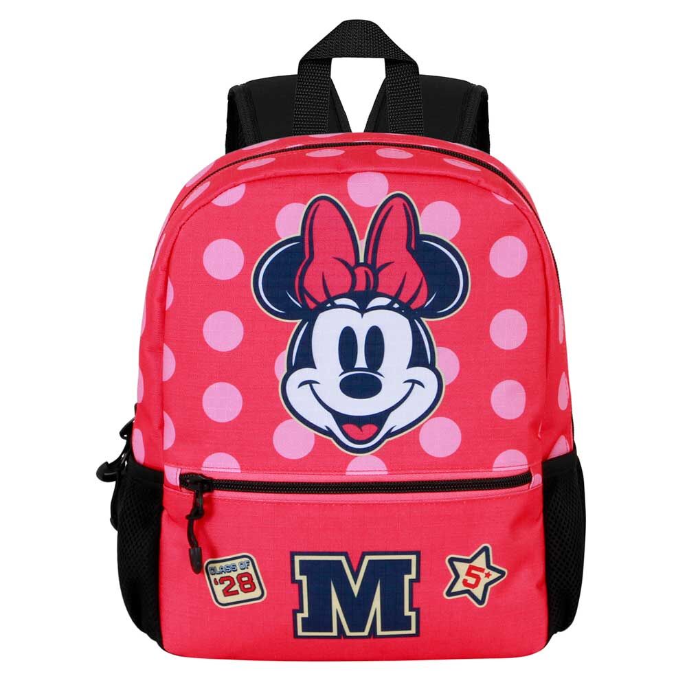 Mochila roja y rosa de Minnie Disney con lunares y bolsillo frontal