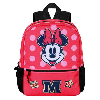 Mochila roja y rosa de Minnie Disney con lunares y bolsillo frontal