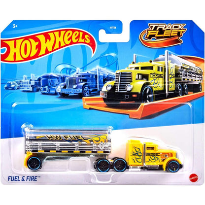 Camión de transporte Hot Wheels amarillo con remolque Fuel & Fire