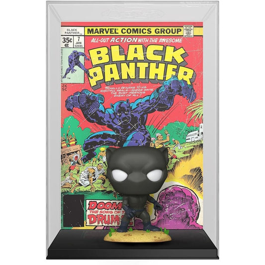 Figura Funko POP Comic Cover de Black Panther en expositor con fondo de cómic