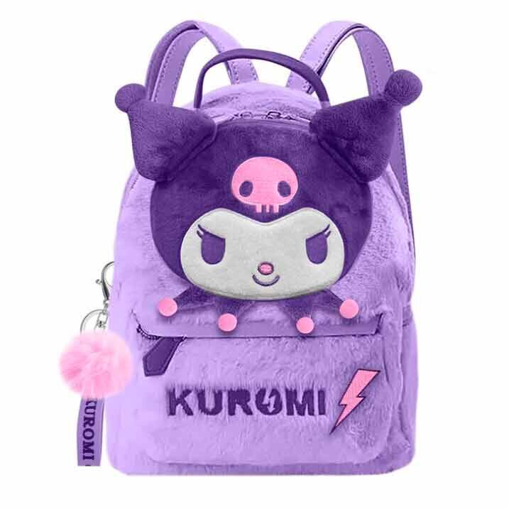 Mochila morada de peluche Kuromi Hello Kitty con bolsillo frontal