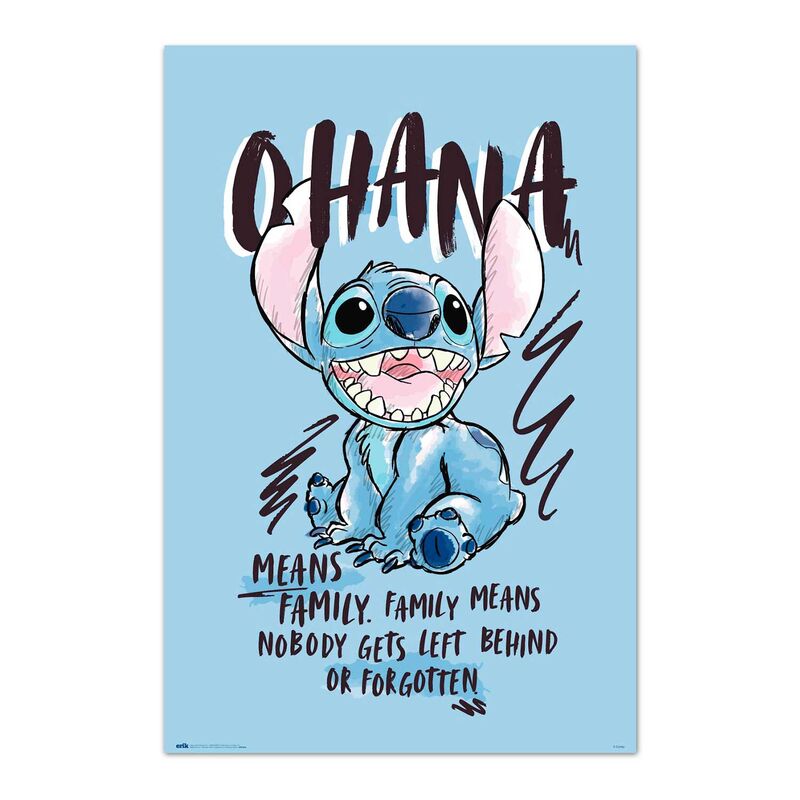 Póster de Stitch Disney con diseño Ohana sobre fondo azul claro