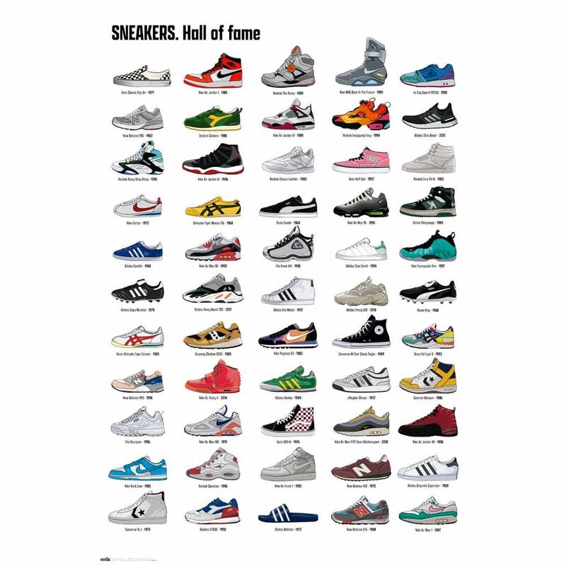 Póster Sneakers Hall of Fame de ERIK con ilustraciones de zapatillas deportivas