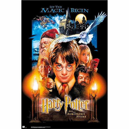 Póster vertical de Harry Potter y la Piedra Filosofal con Hogwarts y Hedwig