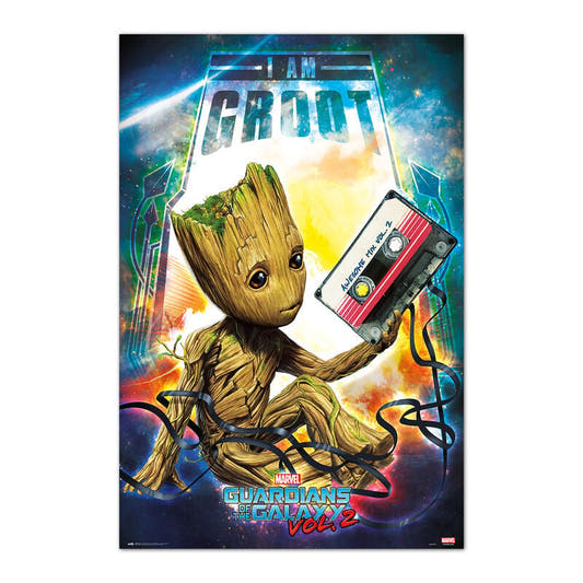 Póster vertical de Groot con una cinta de casete de Guardianes de la Galaxia Vol. 2