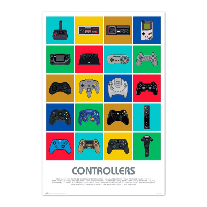 Póster Controllers ERIK con ilustraciones coloridas de mandos de videojuegos