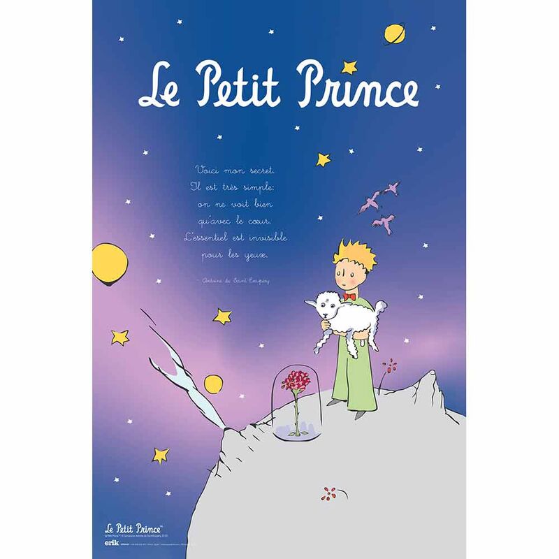 Póster vertical de El Principito con el principito y su oveja bajo un cielo estrellado