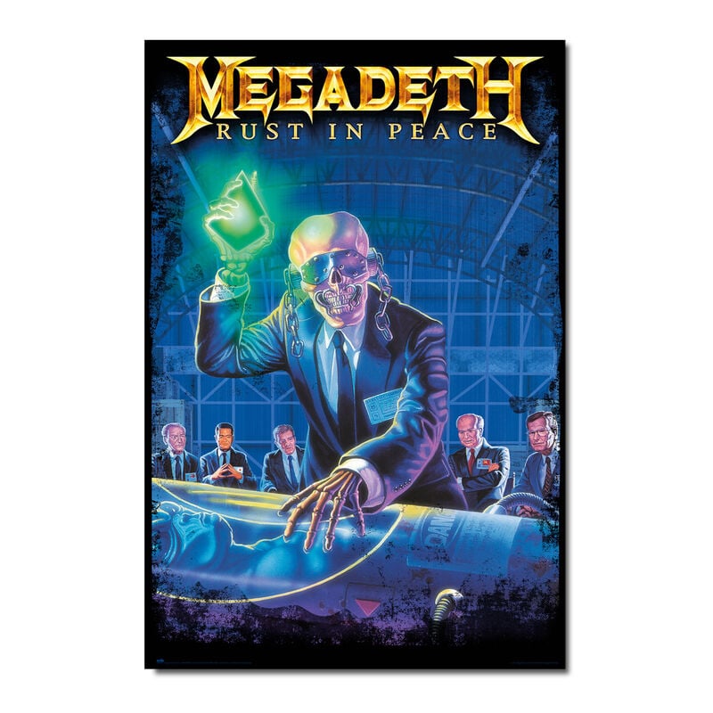 Póster Megadeth Rust in Peace con figura esquelética en tonos azules