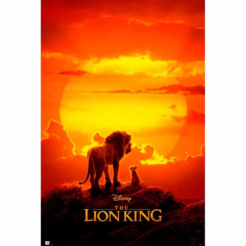 Póster vertical de El Rey León Disney con un león y su cachorro al atardecer