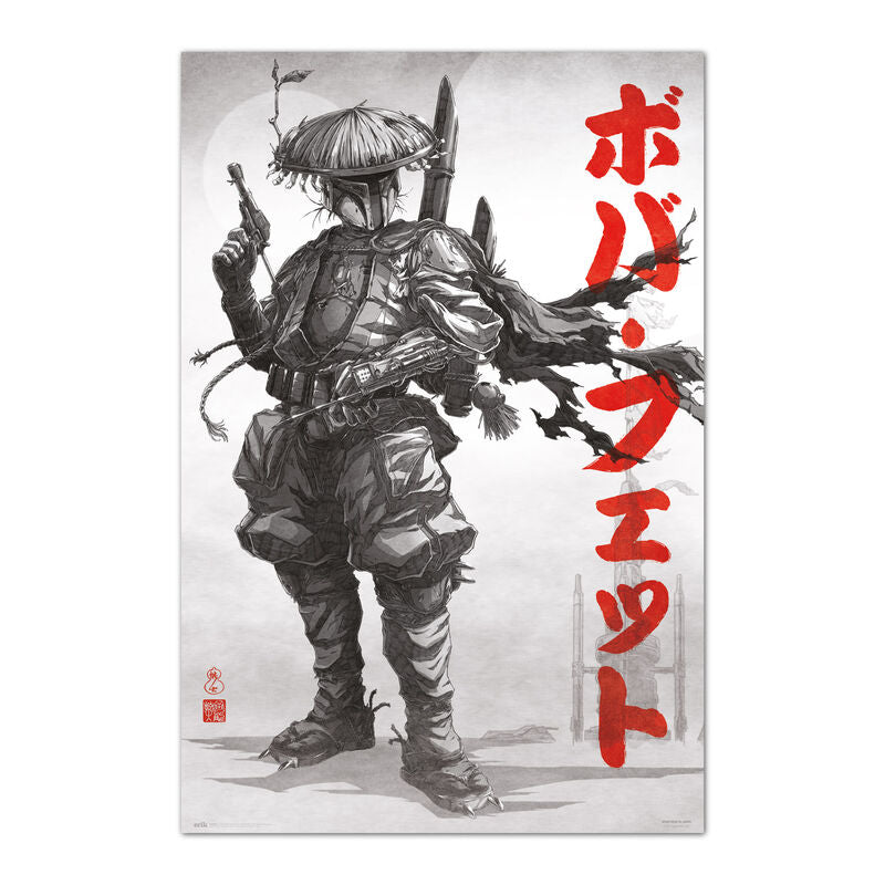 Póster de Boba Fett de Star Wars con ilustración oriental en tonos grises y detalles rojos