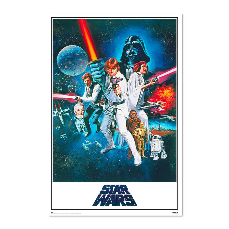 Póster vertical de Star Wars Una Nueva Esperanza con Luke, Leia, Darth Vader y los droides