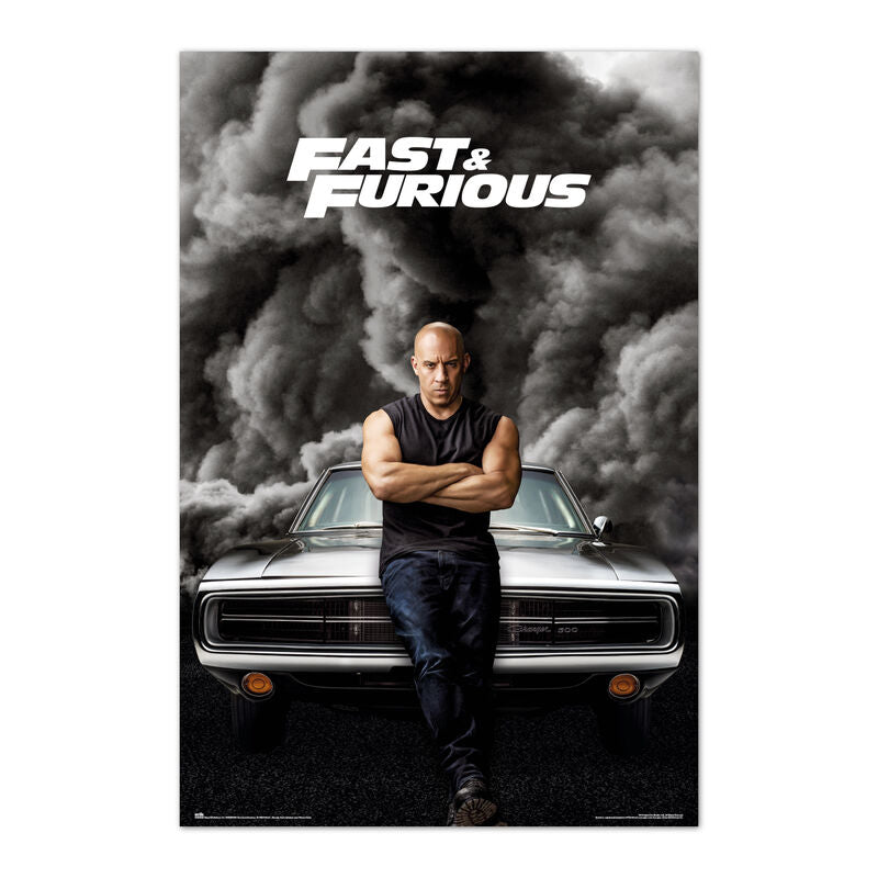 Póster Fast & Furious con personaje frente a un coche clásico